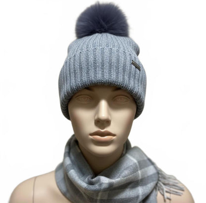 Woolrich European Beanie – Gray Rib-Knit with Cashmere Pom-Pom, Soft & Cozy!