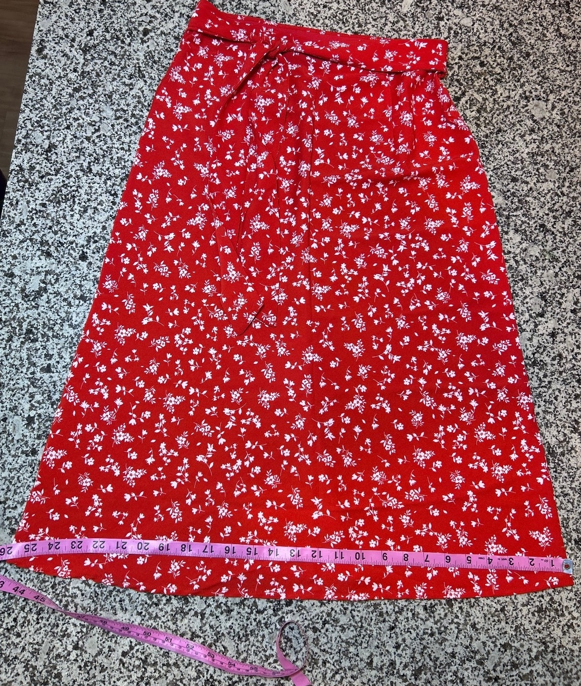 Red Floral Midi Skirt with Tie Waist