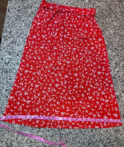 Red Floral Midi Skirt with Tie Waist